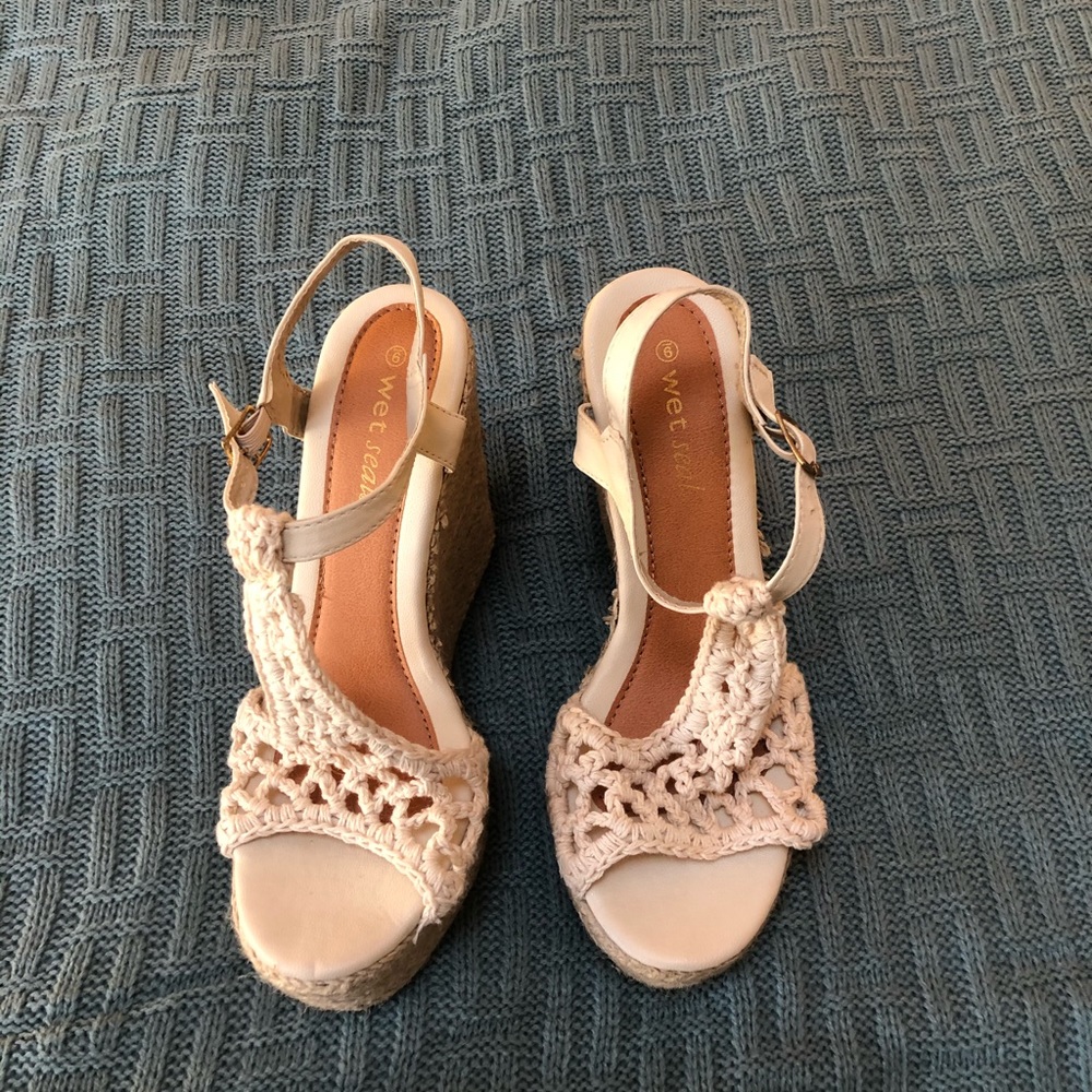 🌞 Cream crochet espadrille wedge sandals